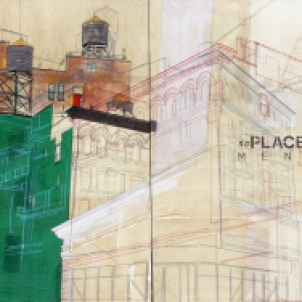 Urban Identities # 22 mixed media and rice paper on canvas, 2 panels, overall size 121 x 76 cm